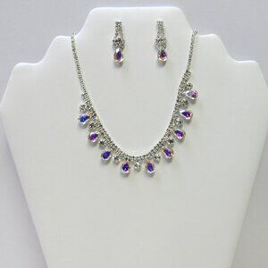 Silver Teardrop Fancy Rhinestone Necklace Set Wedding Bridal Prom Evening